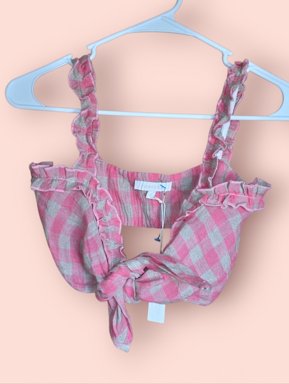 Olivaceous Pink and Beige Gingham Front Tie Crop Top
